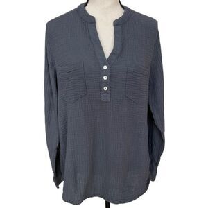 MOTE Crepe V-Neck Tunic Blouse cotton gray/blue top size XXL.